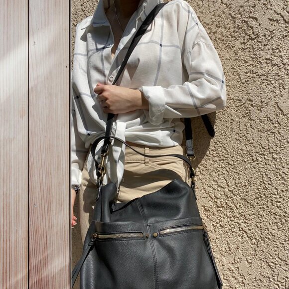 Slouchy Black Faux-Leather Shoulder Bag + Removable Adjustable Crossbody Strap - Picture 3 of 8